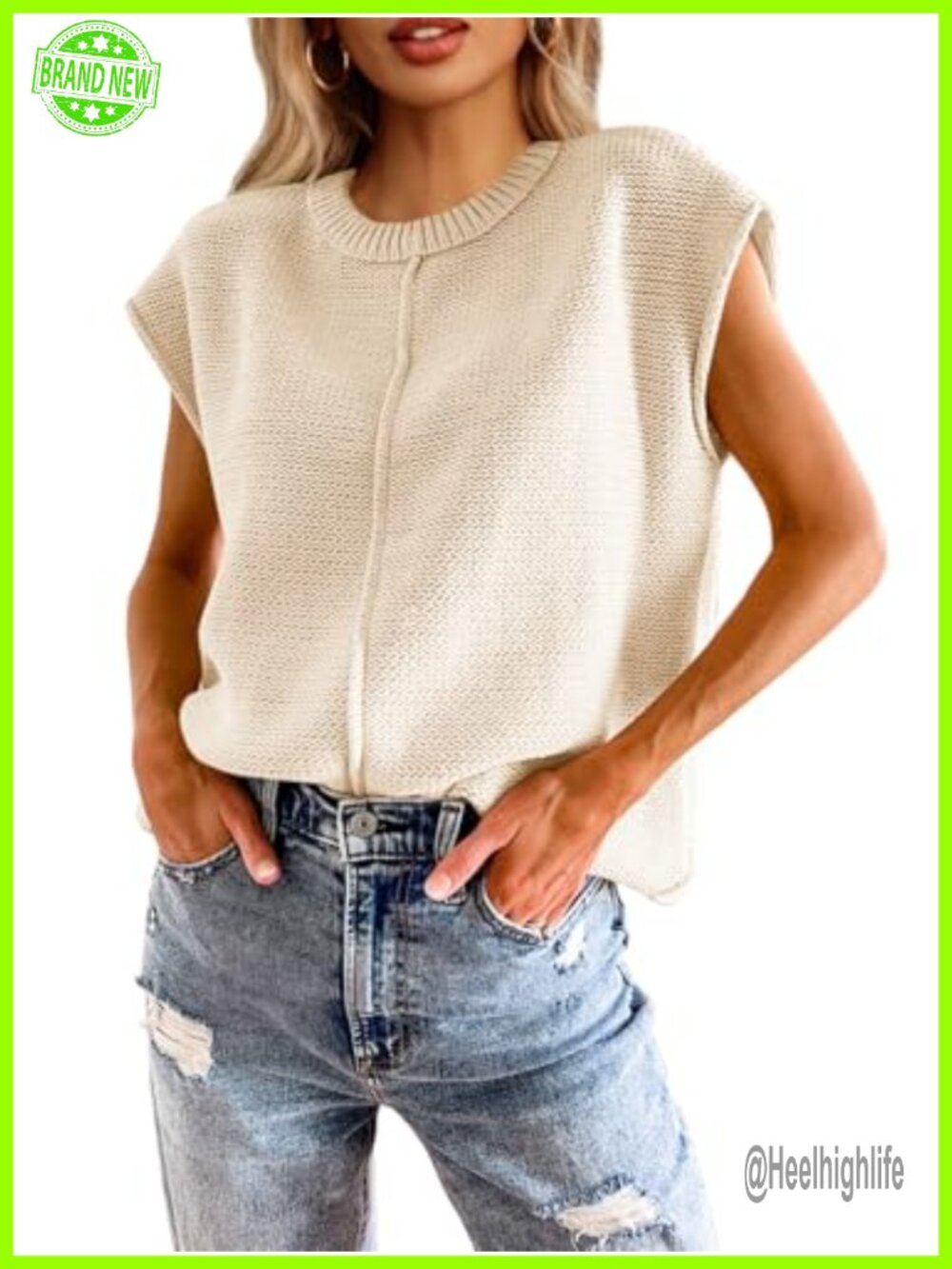 Cap Sleeve Sweater Vest Crew Neck Loose Knit Pullover Top